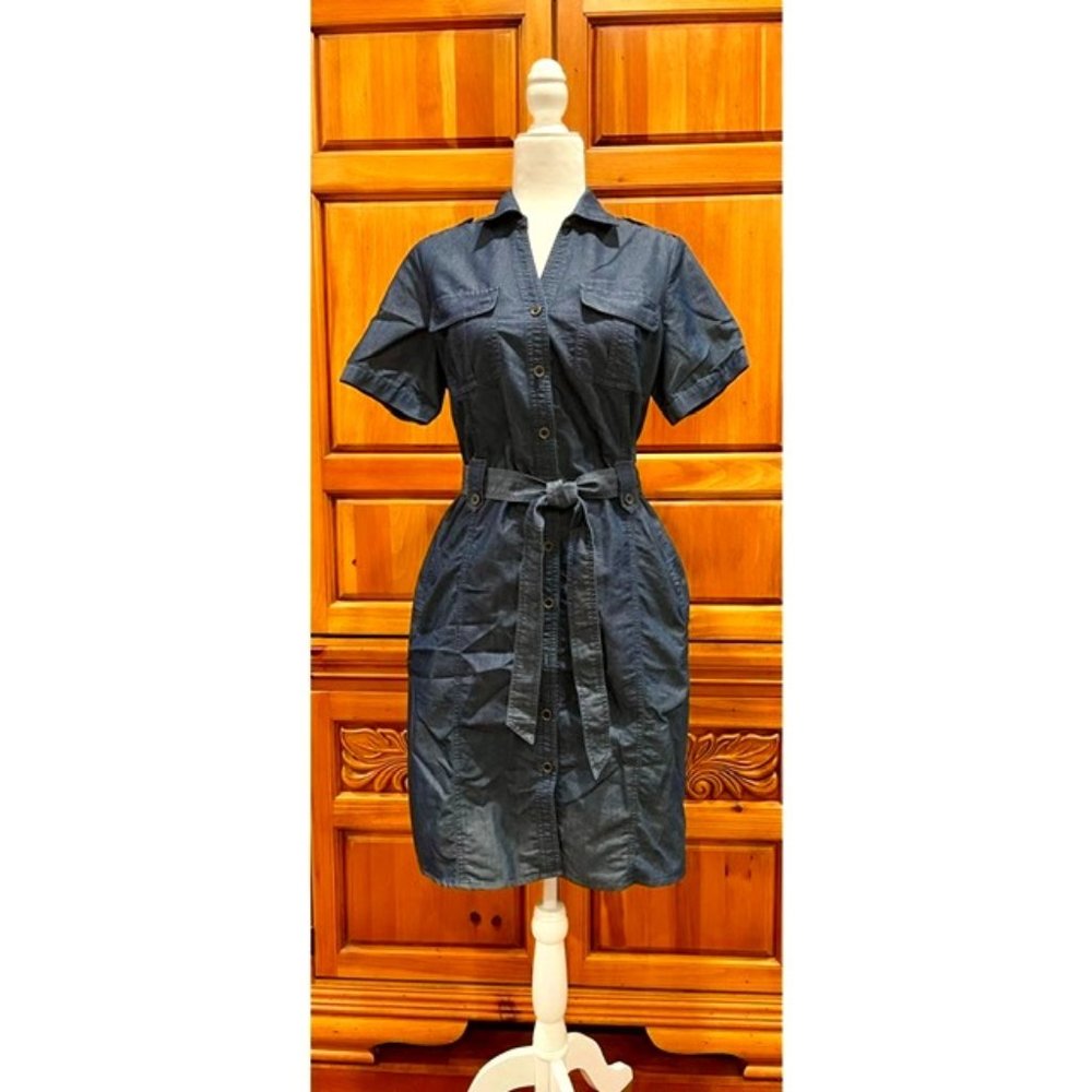 d & co. Denim Shirt Utility Dress with Short Sleeves - Blue Denim - Size S